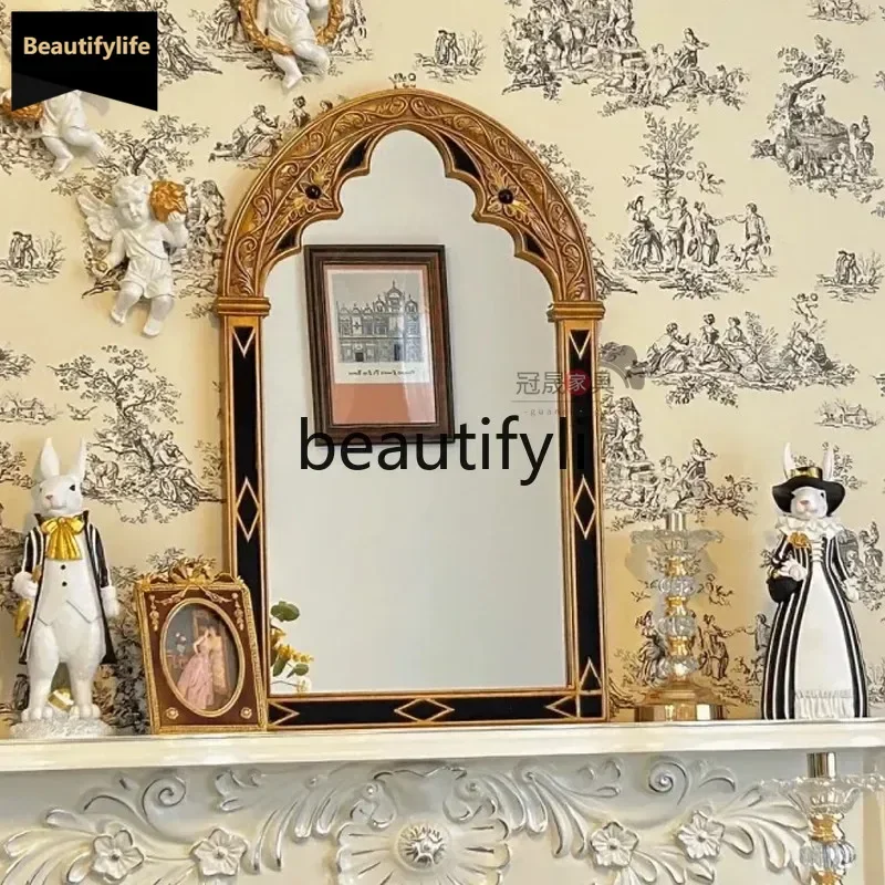 

European retro bathroom mirror wall hanging carved arched makeup mirror porch fireplace decorative mirror