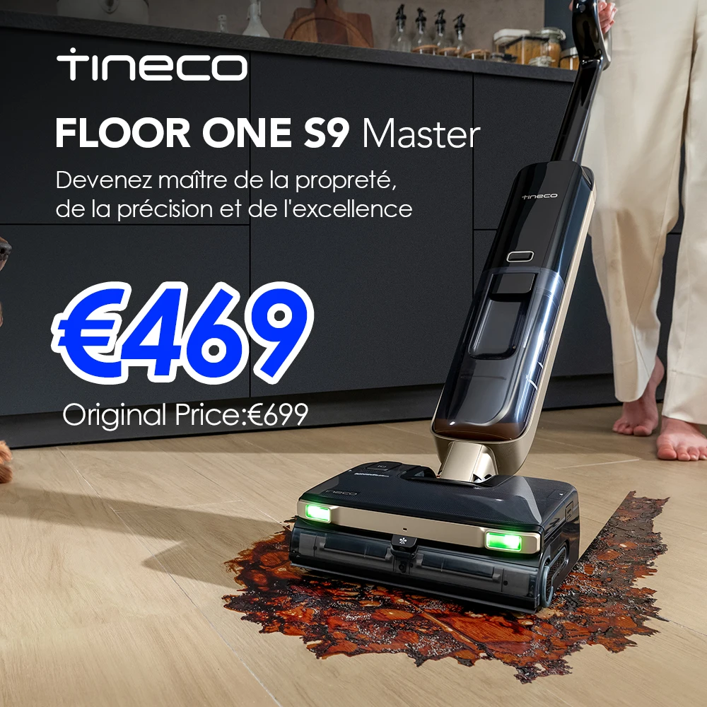 Aspirateur eau et poussière Tineco Floor ONE S9 Master, système de nettoyage sans traces, technologie ThermoBlast, lingette à eau chaude, boîtier super plat de 9,9 cm, aspiration de 23 kPa, système de nettoyage automatique Flashdry, 150. °   Lumière verte DustReveal