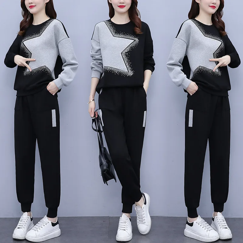 Plus Women Sport Black Gray Suit Rhinestone Sweatershirt Top And Pant Two Piece Set Outfit Cotton Clothes Trousers Tracksuit