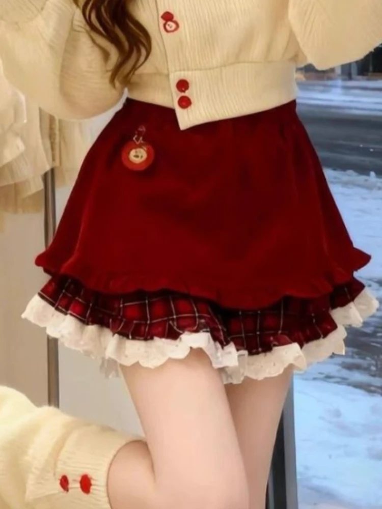 Elegante Mode Süße 2-Teiliges Set Frauen Schlank Stricken Laterne Hülse Kragen Top + Plaid Spitze Mini Rock Weihnachten party Chic Outfit