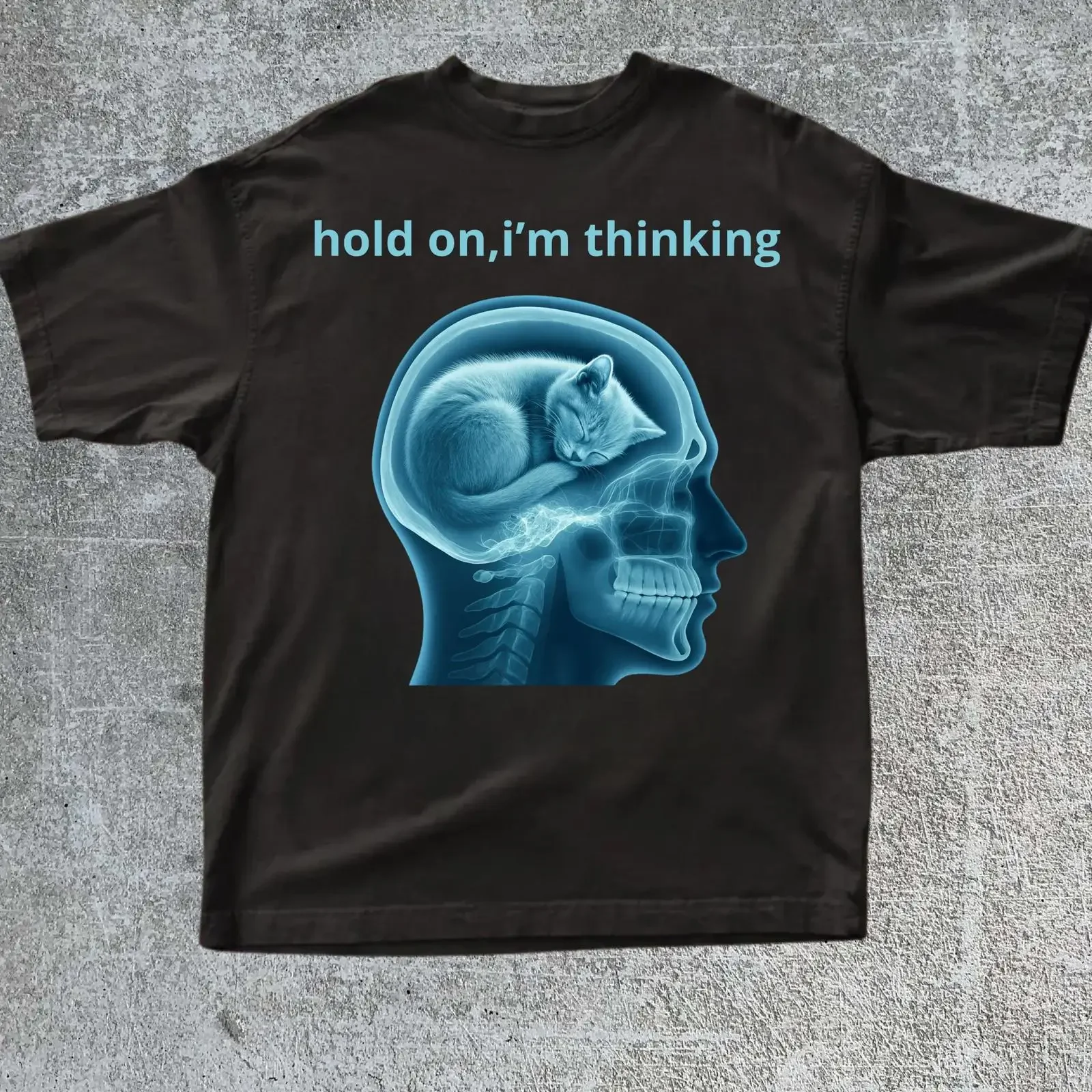 Hold On I'm Thinking X Ray Head Cat Meme T Shirt Funny Sarcastic Owner Gen Z Awkward Cursed  vintage Washed Versatile