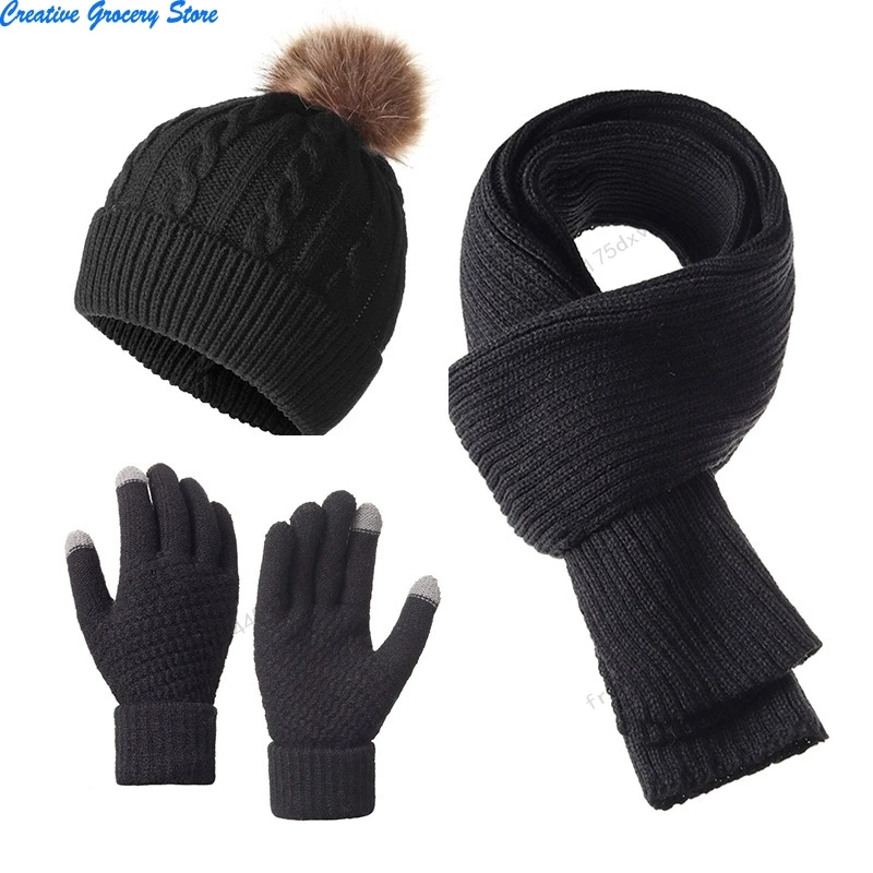 New Year Christmas Red Hat Scarf Gloves 3 Pieces Set Autumn Winter Outdoor Windproof Warm Knit Muffler Hats and Caps for Women