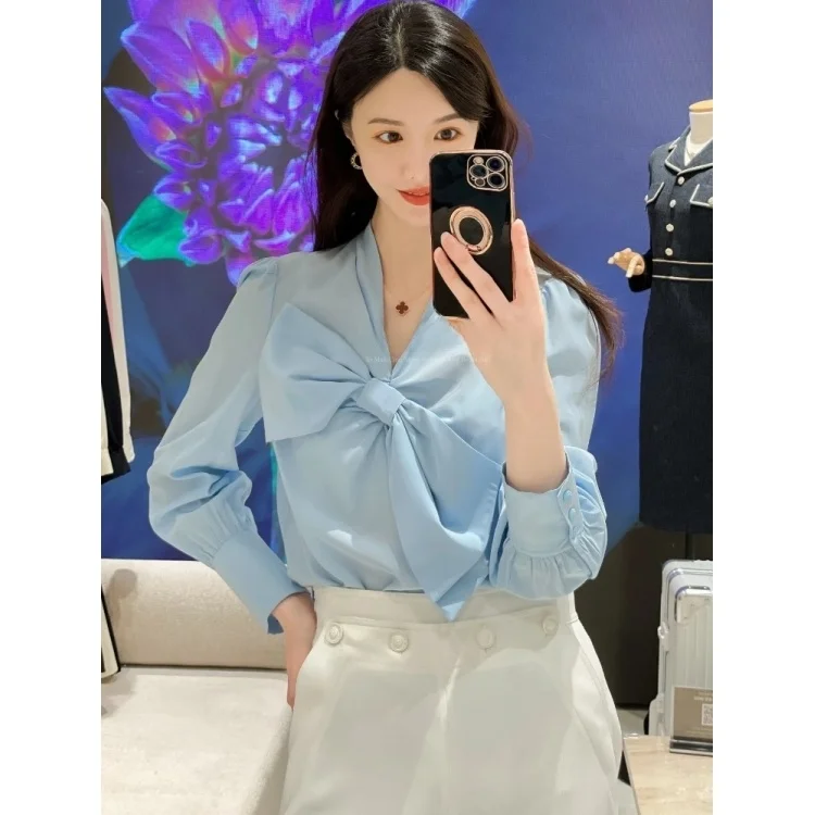 

Элегантная романтичная женская блузка с V-образным вырезом, большим бантом и сборками, 3 цвета, милый дизайн, длинный рукав, полиэстер, повседневная