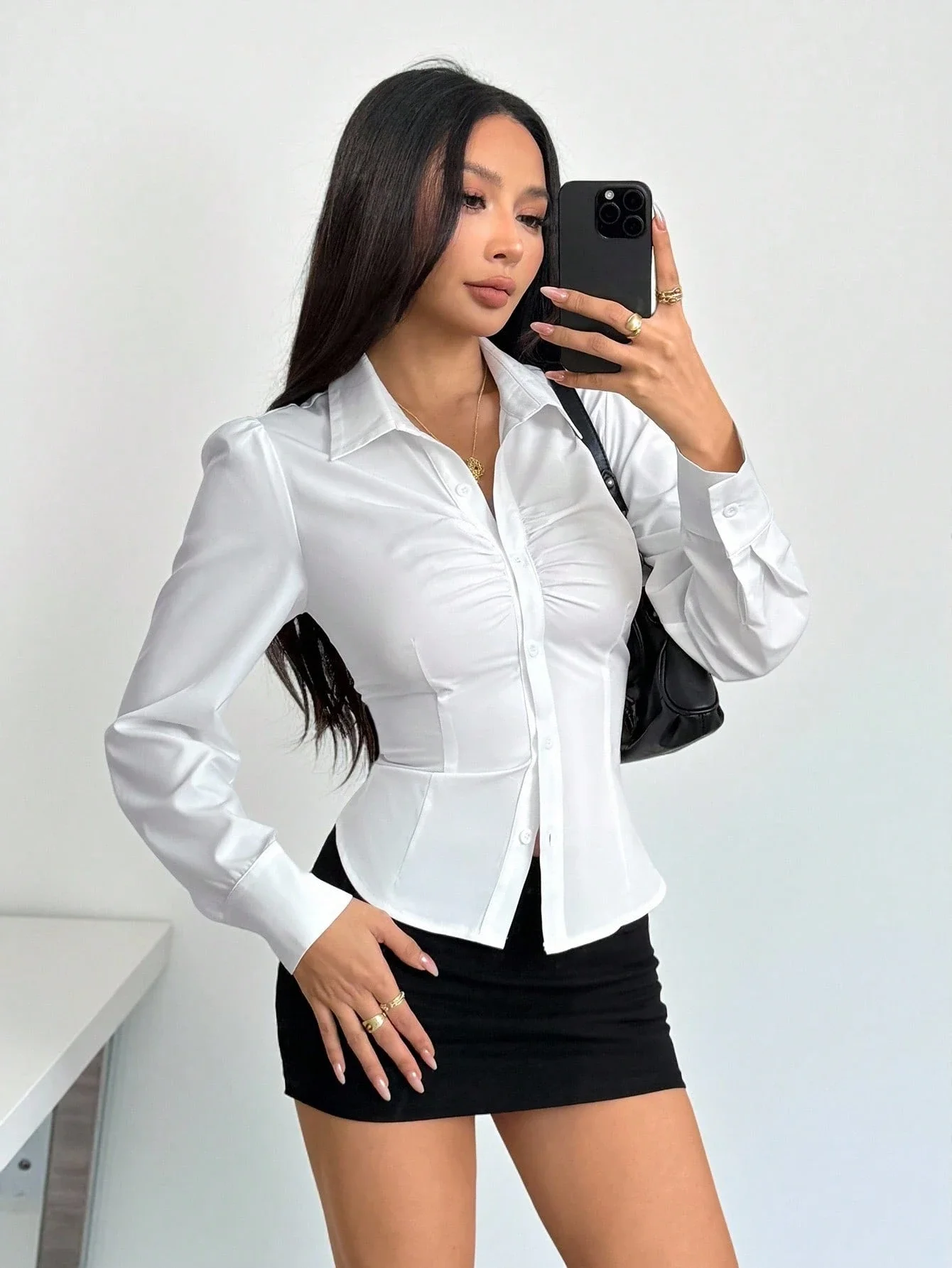 

Women's Ruched Button Up Long Sleeve Blouse Elegant Office Shirt