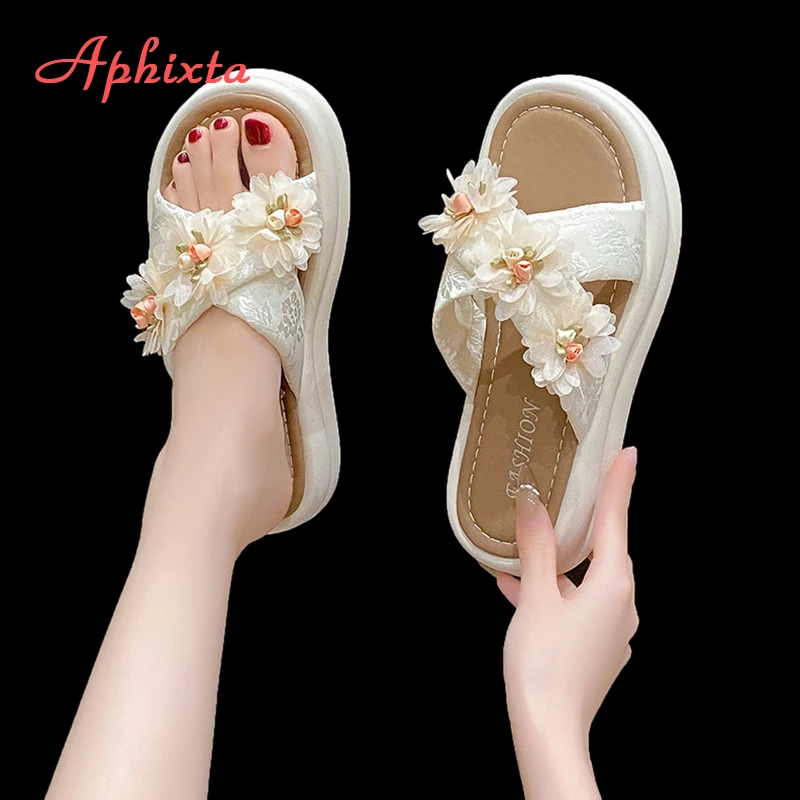 

Aphixta/зеленые милые сабо с цветочным принтом, летние пляжные женские шлепанцы с открытым носком на плоской подошве, женская обувь, модная обувь, тапочки