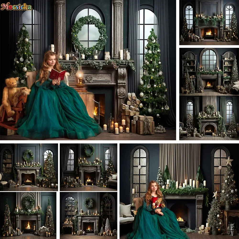 

Retro Black Christmas Fireplace Background for Studio Photography Green Xmas Tree Window Room Backdrop Family Portrait Photozone