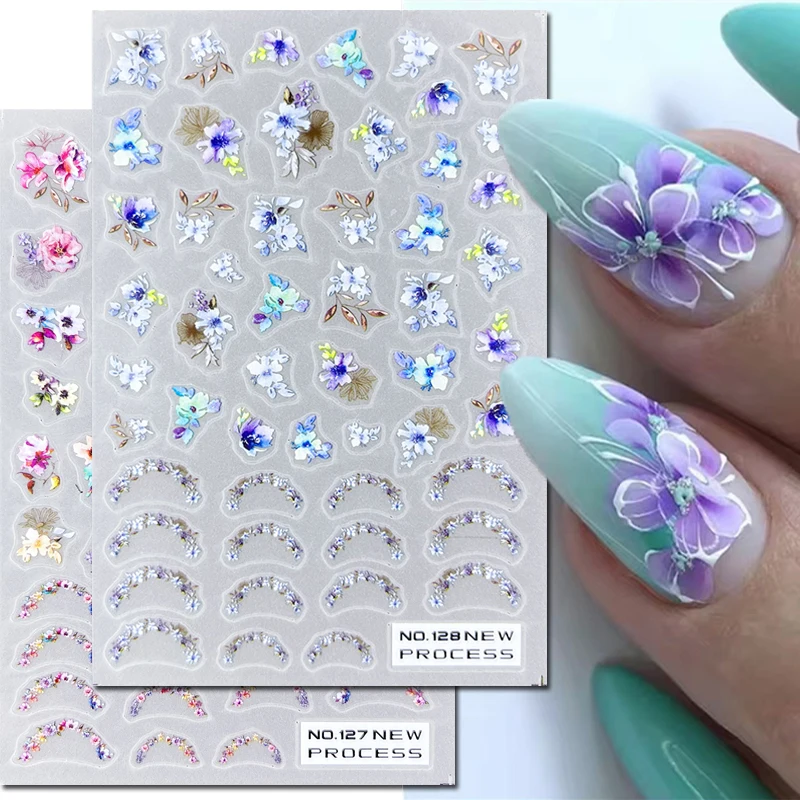 

3d Nail Art Ultrathin Decals Blue Pink Blossom Florals Flowers Leaves Nail Stickers Decoration For Nail Tips Beauty