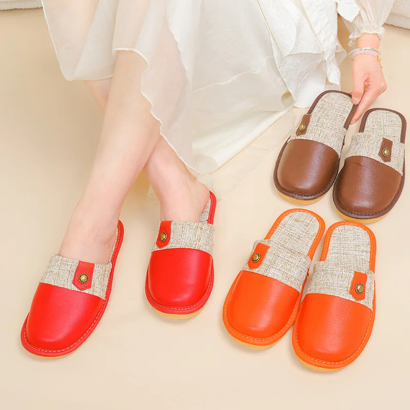 

Head Layer Cowhide Cool Slippers for Spring and Summer Anti Slip for Home Use Cowhide Bottom Button Leather Slippers for Couples
