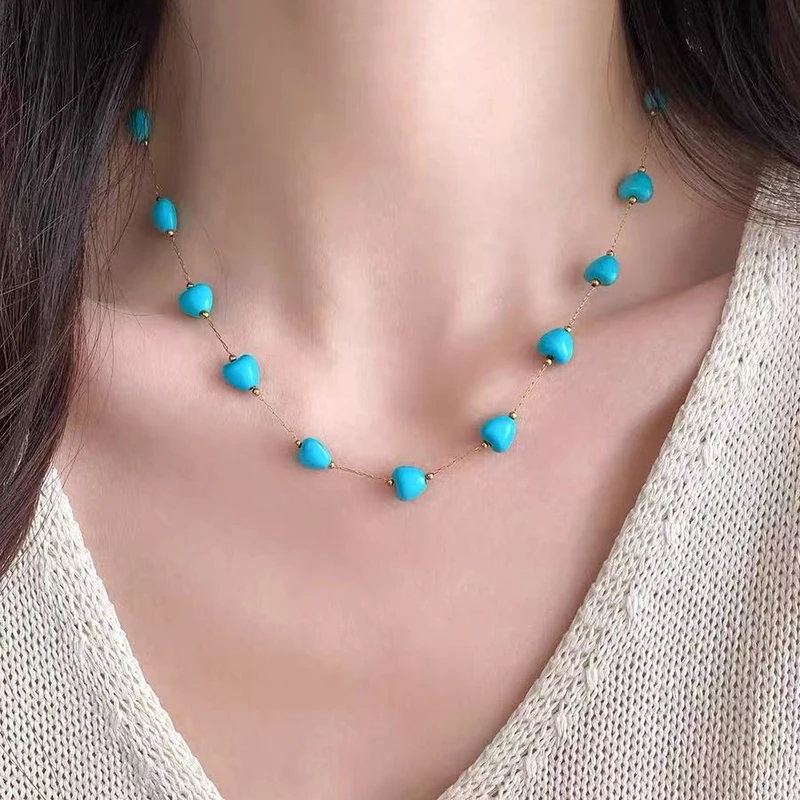 Retro Türkis Herzförmige Edelstahl-Halskette in Goldfarbe für Damen, Sexy Choker Schlüsselbein-Kette Schmuck-Accessoire – Detail 10