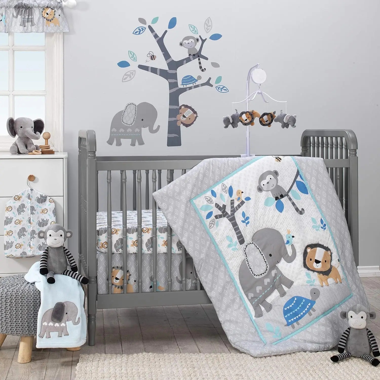 3-Piece Blue/Gray Jungle Crib Bedding Set with Elephant, Lion & Monkey Designs