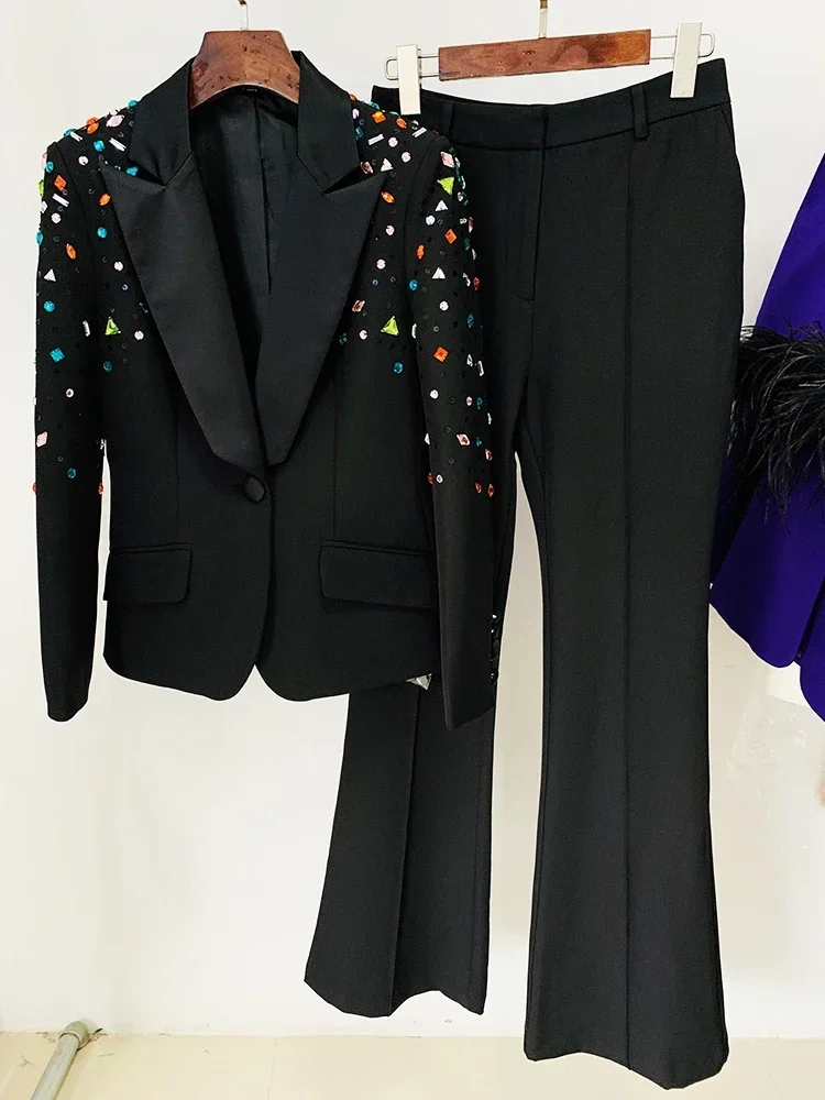 Newest 2024 Designer Runway Fashion Suit Set Women's Slim Fitting Strass Diamonds Beaded Blazer Pants Set