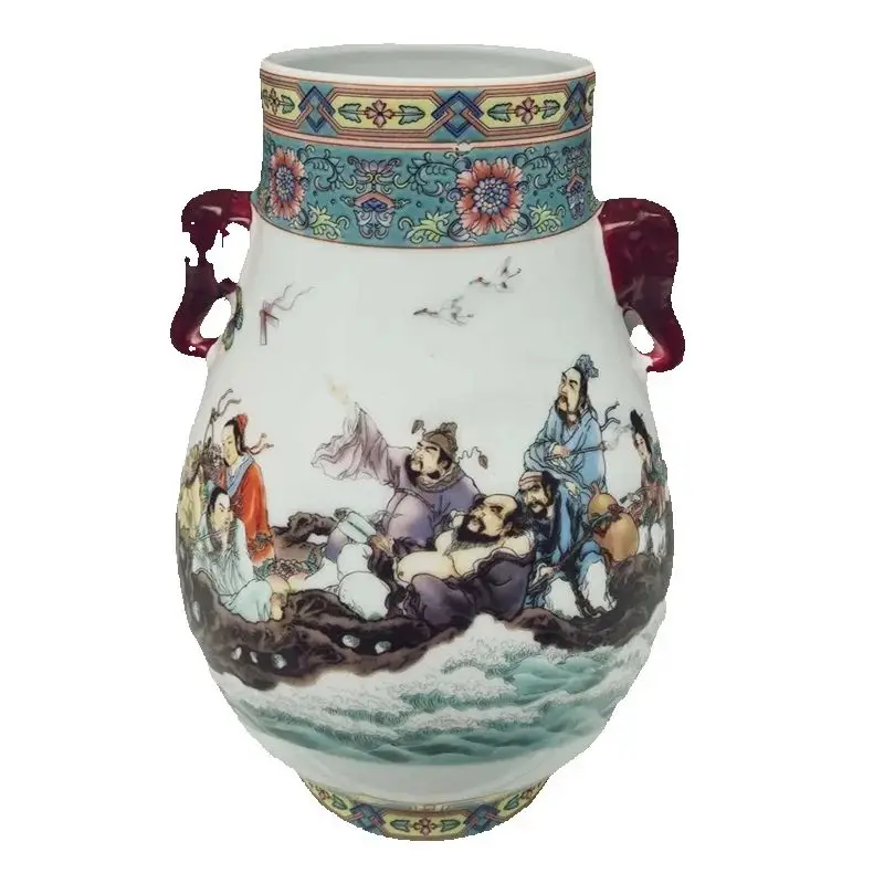 Chinese Old Porcelain Double Eared Big Belly Vase Pastel Eight Immortals Pattern Collectible Antique Decorative Artware