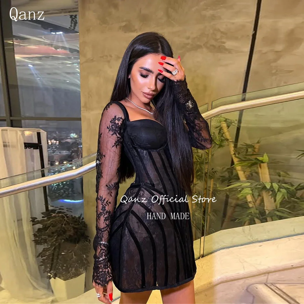 

Qanz Black Lace Mini PProm Dresses Long Sleeves Sweetheart Short Vestido Para Festas De Luxo Women Vestidos De Gala Customized