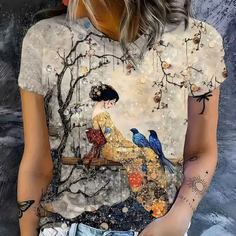 3D printed ancient costume pattern printed women's short sleeved T-shirt, high-quality women's top, suitable for daily wear