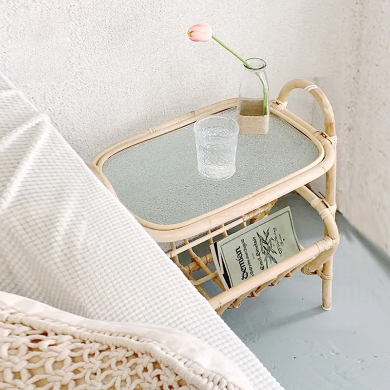 Rattan shelf wabi-sabi style coffee table Second-hand small side table Internet celebrity glass double sofa small coffee table