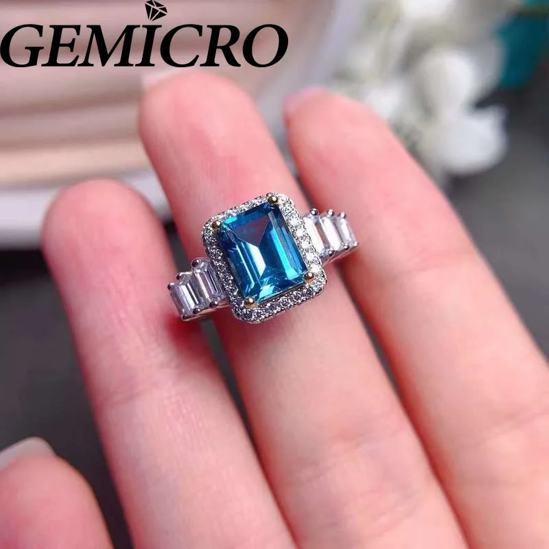 Gemicro 6*8mm Square Cut Natural London Blue Topaz 925 Silver Ring for Daily Wear Wedding Ring