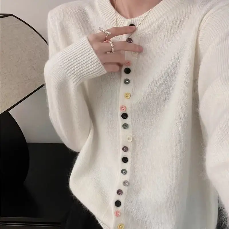 Fashion Knitting 2024 New Cardigan Spring Autumn Temperament Top Tee Long Sleeve O-neck Sweater Coat Sweet Solid Color Top Tee