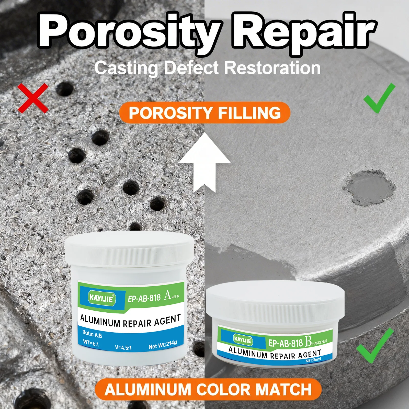 KAYIJIE EP-AB-818 Aluminum Repair AB Epoxy, Color Matched Cast Aluminum Filler for Engine Case & Crack Repair