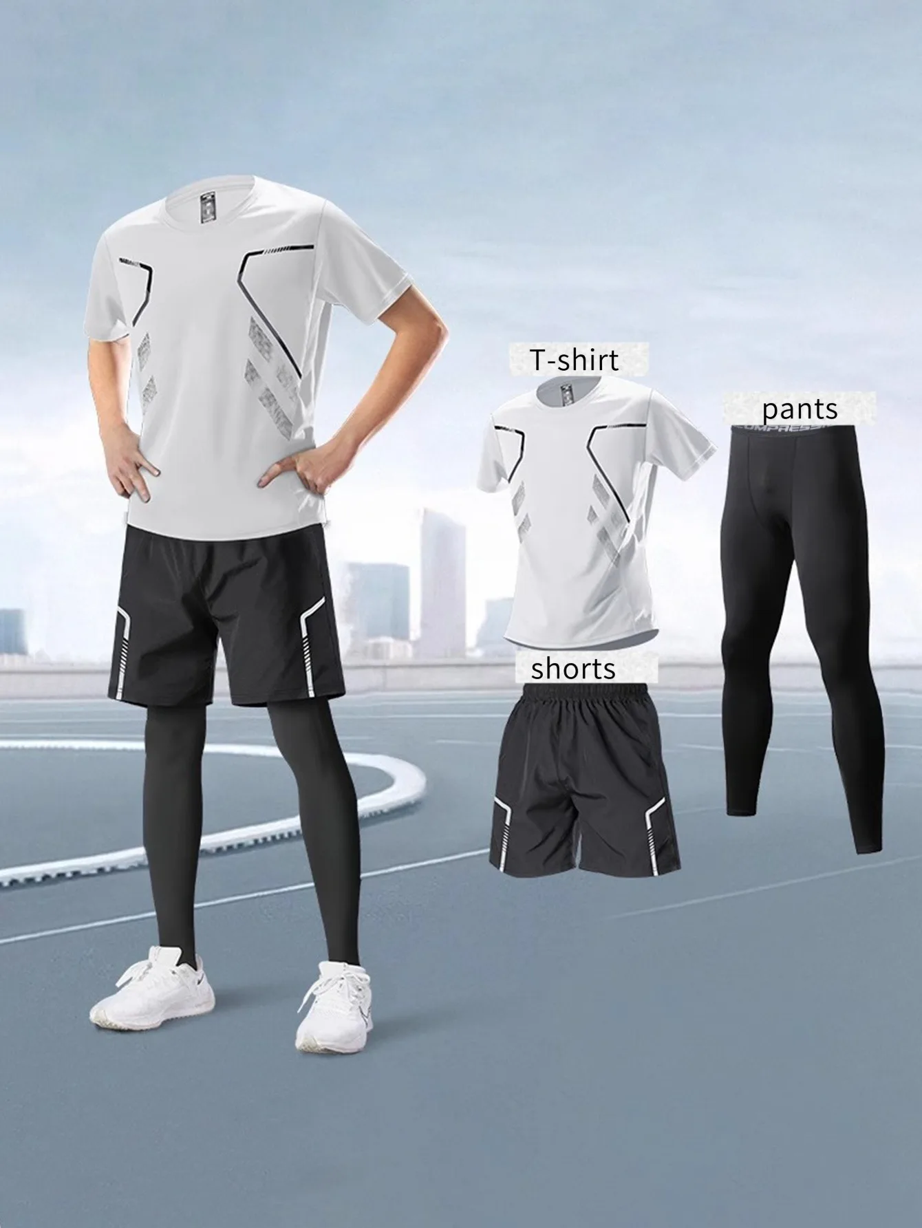 

3-piece men's sports set with quick drying and equipment, suitable for outdoor running, fitness
