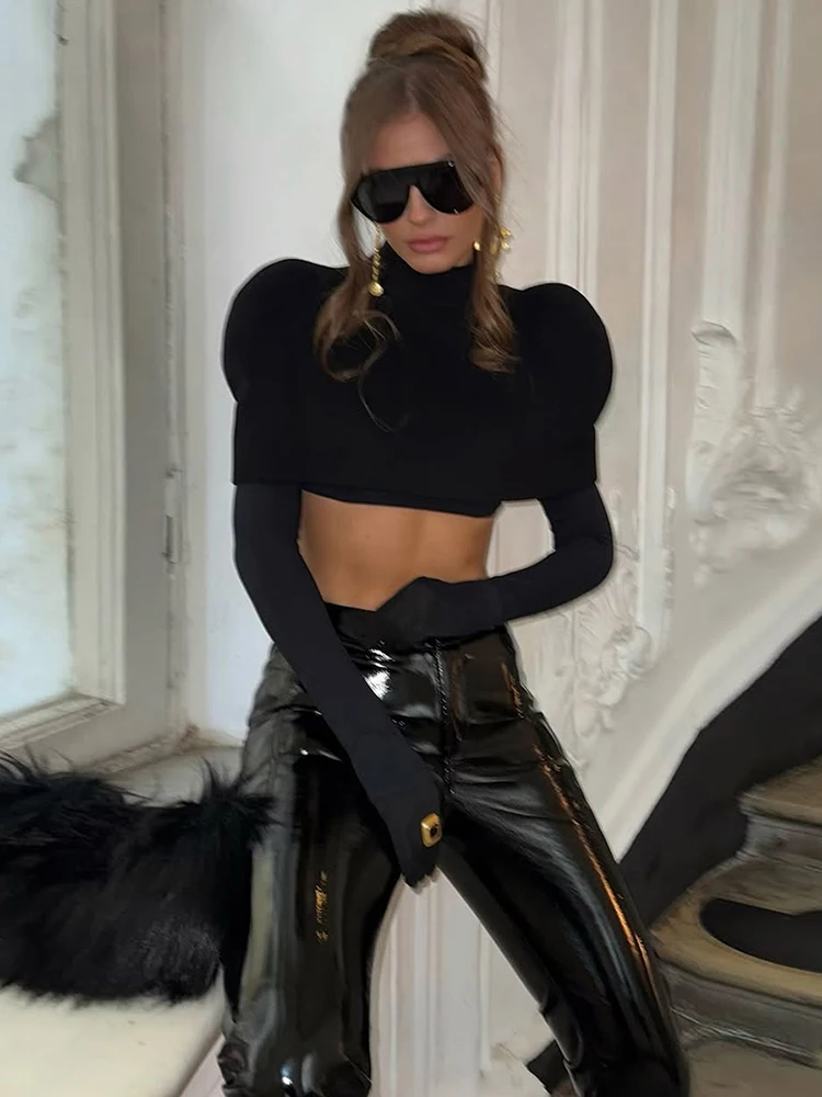 Dwuczęściowy zestaw: T-shirt z golfem Weird Puss Chic i klasyczne, modne, długie rękawiczki + krótkie bluzki crop top z krótkim rękawem, styl streetwear.