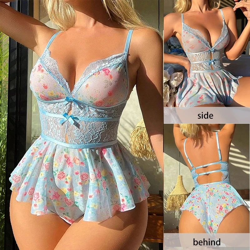 Floral Sheer Lace Deep V Bodysuits Transparent Hollow Mesh Patchwork Strap Slim Fit One Piece Bodysuits Sexy Women's Pajamas