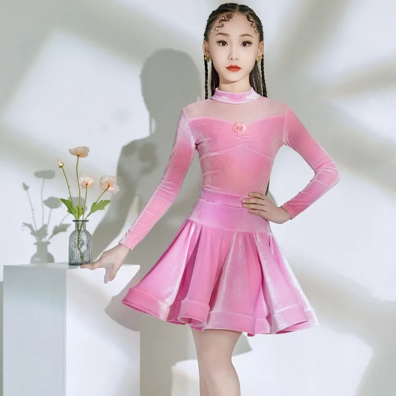 

Новая модель детского наряда для латинских танцев — юбка для латинских танцев с длинными рукавами для тренировочной одежды для девочек