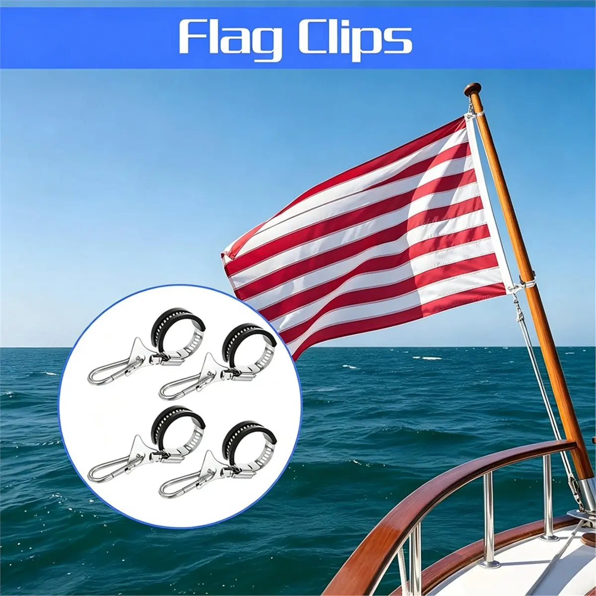 4 Pack Flagpole Clamp and Clip Kit to Hold Flag with Carabiner and Silicone Anti-Slip Strip,Metal Hose Clamp Rings