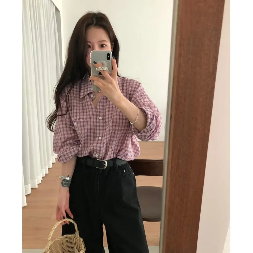 

Retro Lazy Sle Long Sve Loose Plaid irt Turn-down Collar Single ket Design Slimming Two-color Korean Sle Women's ...