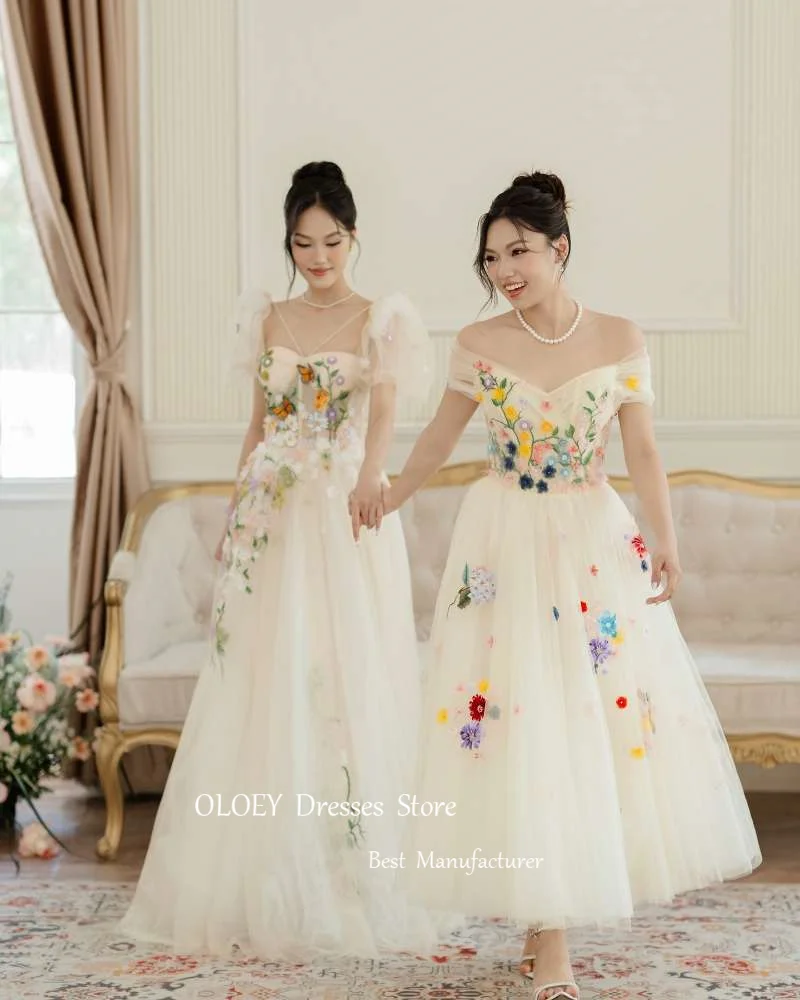 OLOEY Elegant Floral Tulle Evening Party Dresses Off Shoulder Short Sleeves Ankle Length Prom Gowns Wedding Photoshoot Korea