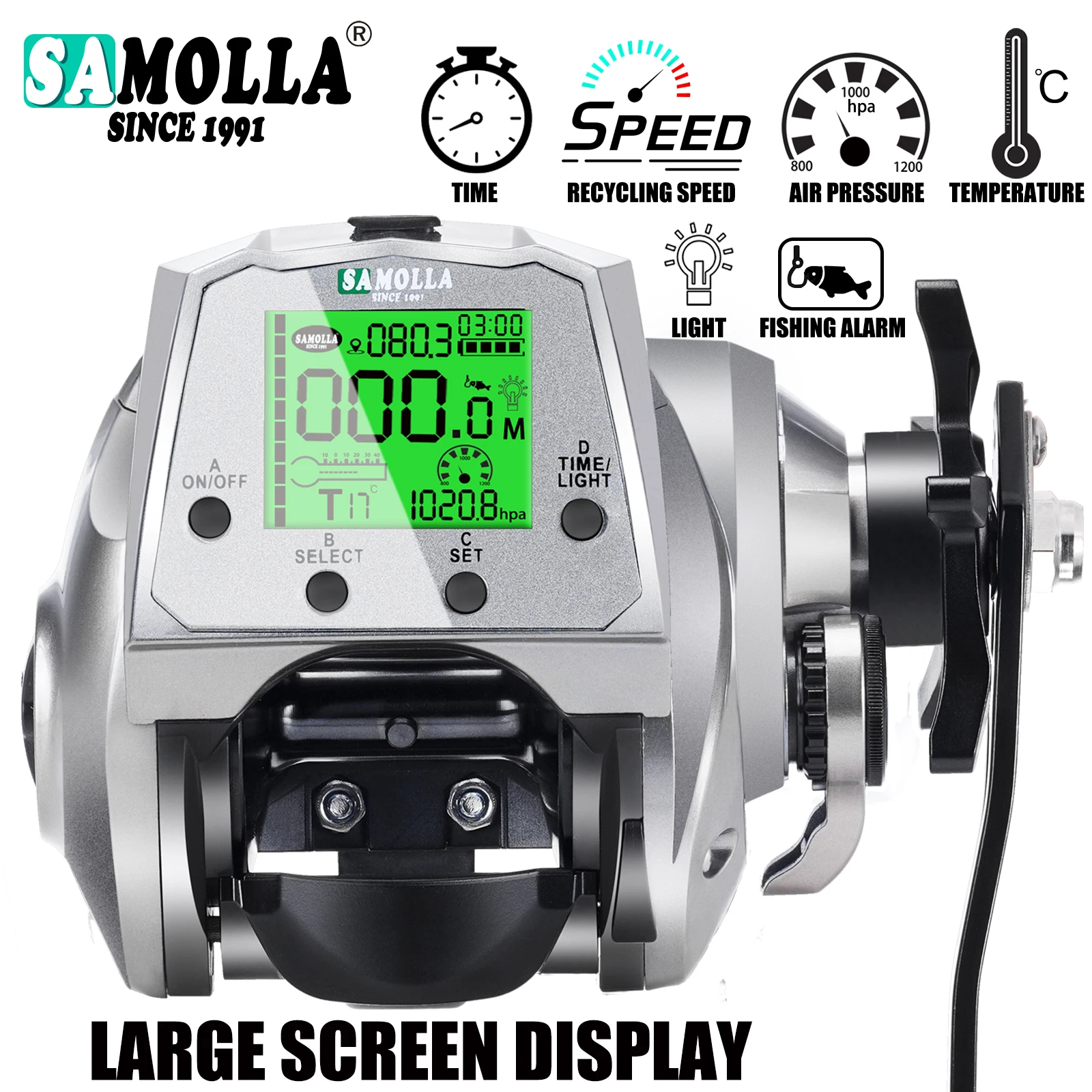 SAMOLLA New Widen Body Electronic Fishing Reel Usb charging Large Display Screen Temperature/Air Pressure Baitcasting Reel