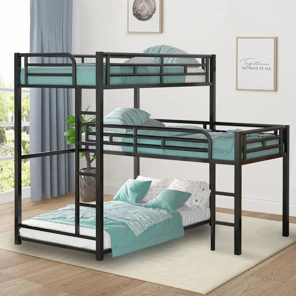 

L-Shaped Triple Bunk Bed with Twin Size Beds, Full-Length Guardrails, and Dual Ladders, Space-Saving for Kids, Black