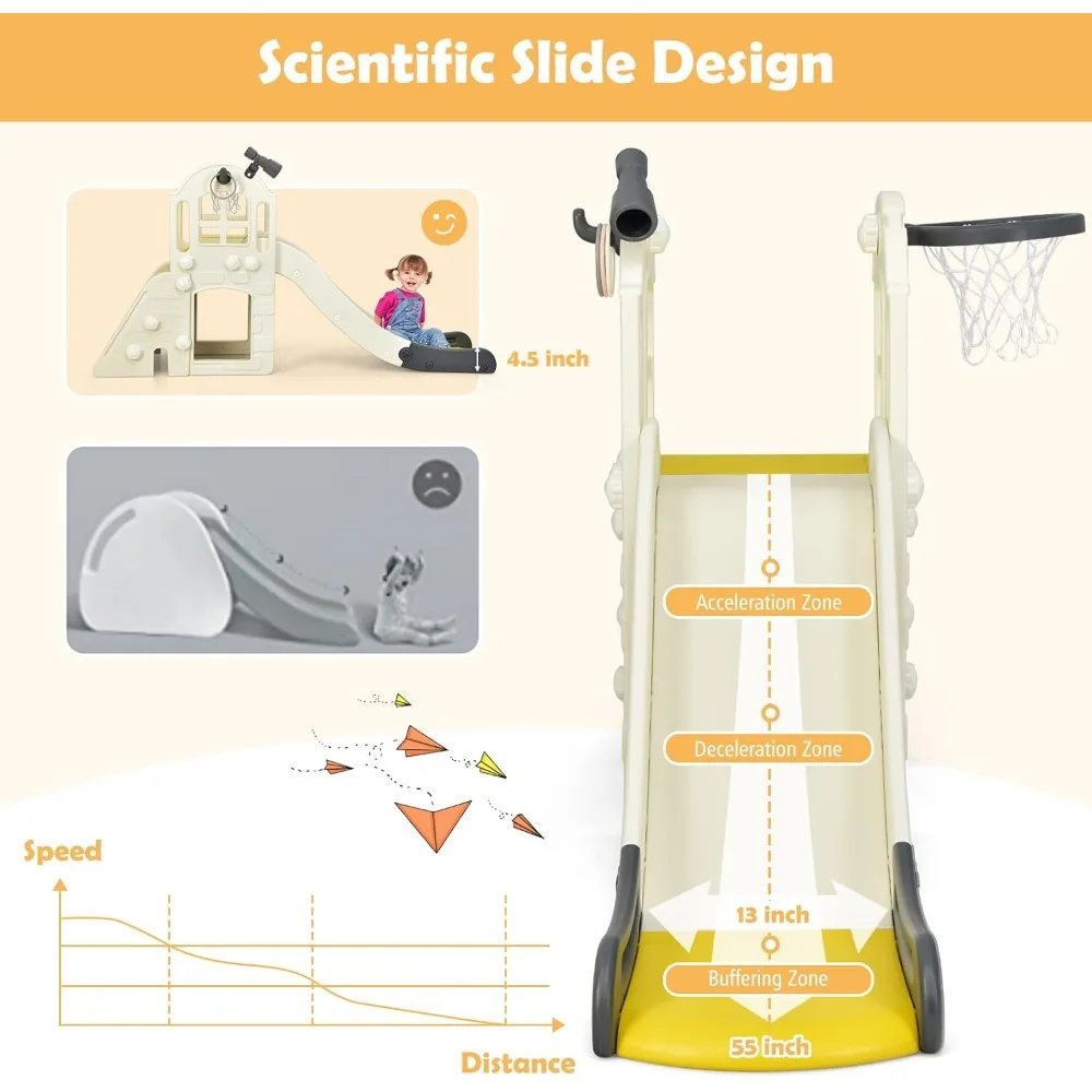 Toddler Multi-Functional Large Slide with Basketball Hoop, Ring Toss, and Convertible Climbing Features