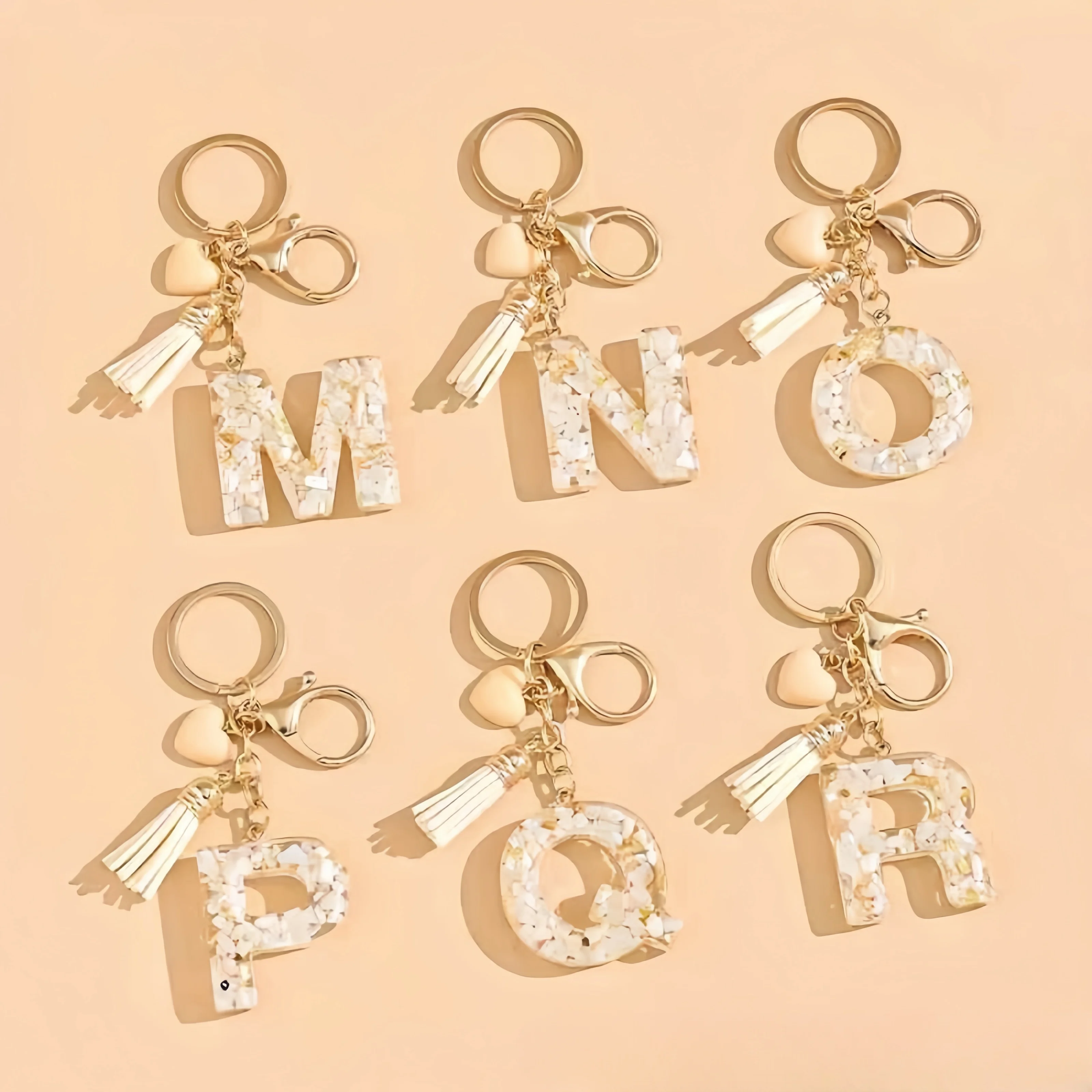 Chic Apricot Heart Tassel Letter Keychain White A-Z Initial Letter Charm Keyring for Women Bag Ornaments Car Trinket Accessories