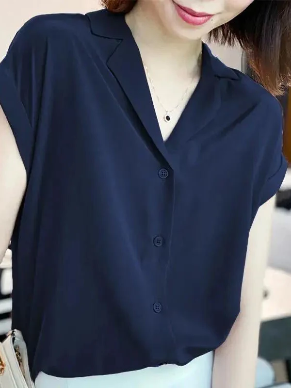 

Элегантная летняя блузка из шифона с эффектом ледяного шелка, свободного кроя, с коротким рукавом, женская, скрывающая живот, повседневная, деловая, однотонная, на пуговицах