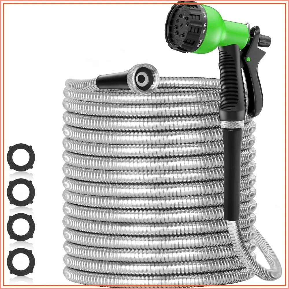 75ft Stainless Steel Garden Hose with 8-Pattern Nozzle, Flexible & Puncture-Proof, No-Kink Design for Yard Watering