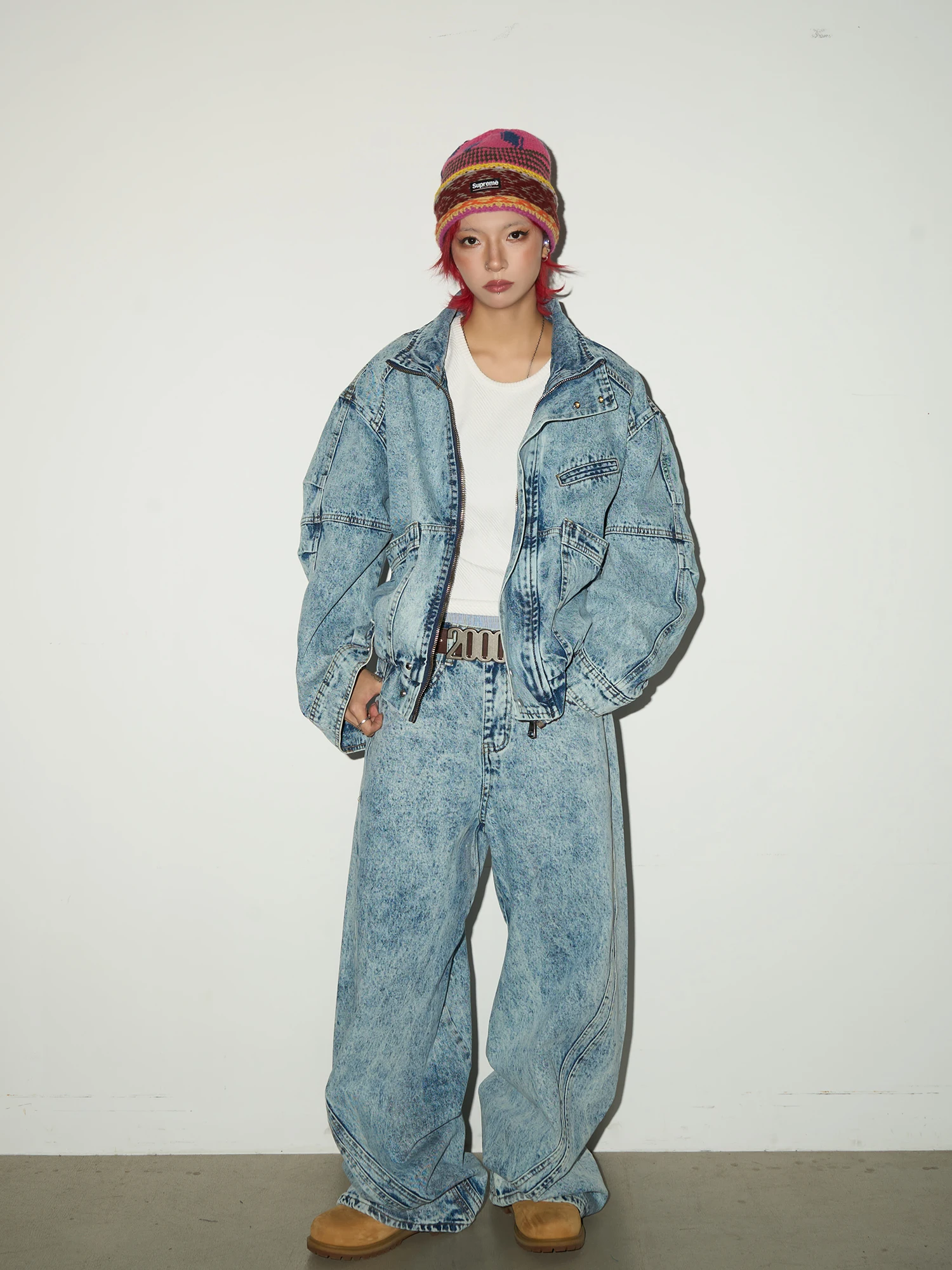 

MICHINNYON Deconstructed Tailoring High Street Sle Snowflake Denim Set Multi-ket Stand Collar Wide Leg Pants Jaet