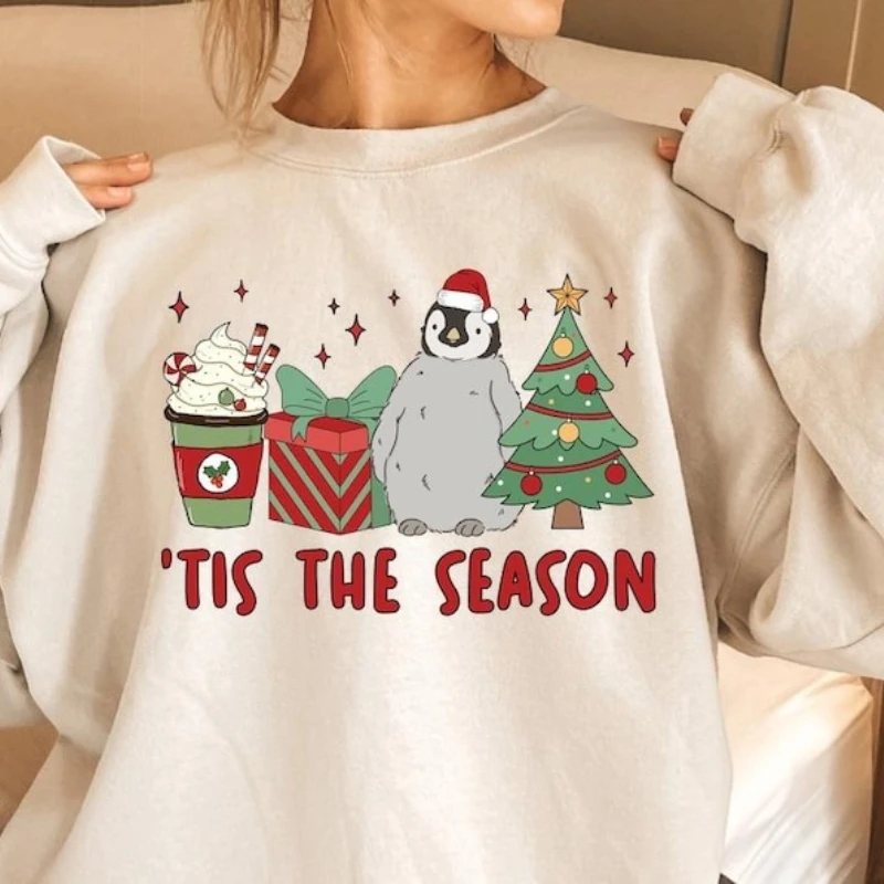

Tis The Season Kawaii Penguin Рождественский зимний свитшот для любителей животных подарки с длинными рукавами сохраняющие тепло одинаковые толстовки пуловер