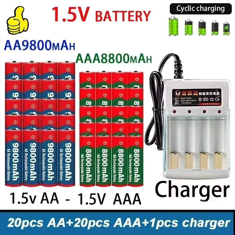 Caricabatterie a 4 slot + batterie ricaricabili da 1,5 V, modelli AA9800mAh e AAA8800mAh, celle ad alta capacità riutilizzabili per orologi, radio, telecomandi e dispositivi digitali portatili,