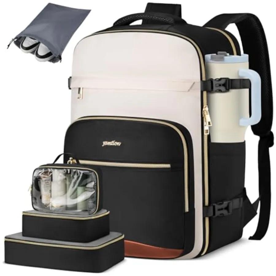 

42L Large Travel Backpack for Women: Nylon, Black, Airline-Approved Carry-On with 4 Packing Cubes 18-Inch Laptop Compartment