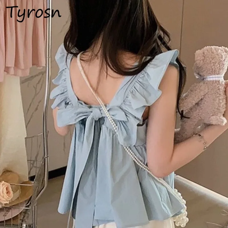 Blouses Women Flying Sleeve Backless Bow Pleated Square Collar Design Camis College Lovely Summer Solid New Temperament Elegant