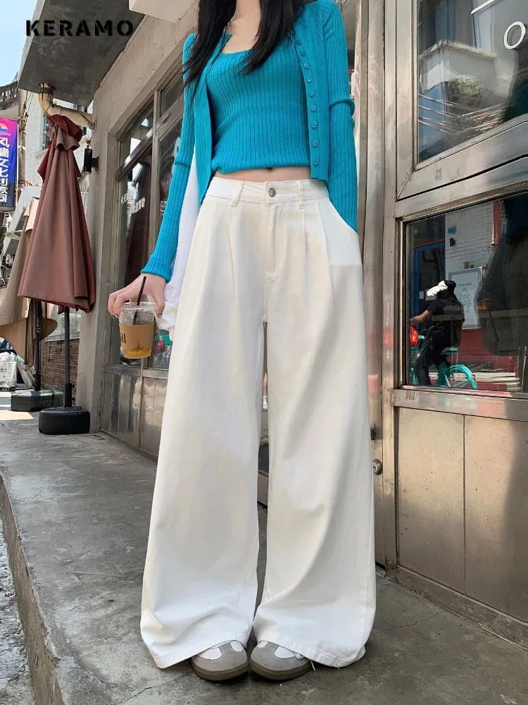 

2025 Winter Casual Style Basics Pure Jeans Women's Mop Full Length Pants High Street Style Baggy Solid Color Denim Trouser