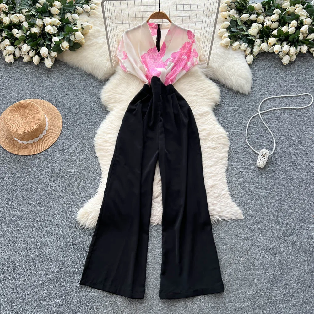 Women Print Jumpsuits Ankle Lenth Rompers Crossover Neck Flutter Sleeve Zipper Top High Waist Pants Slim Fit Casual 2026 Summer