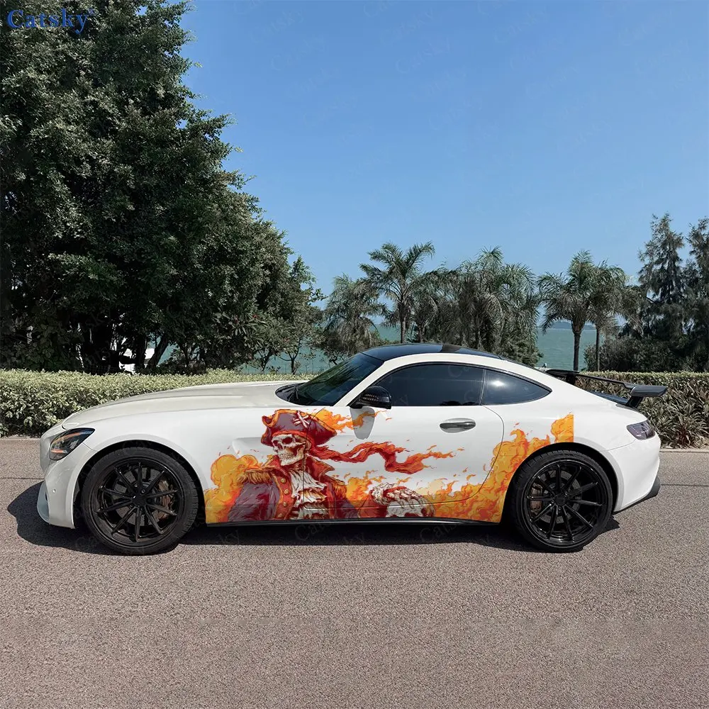 Street Style Flaming Pirate Car Side Wraps, Self-Adhesive PVC Waterproof & Scratch-Resistant Stickers, Car Accessory Gift