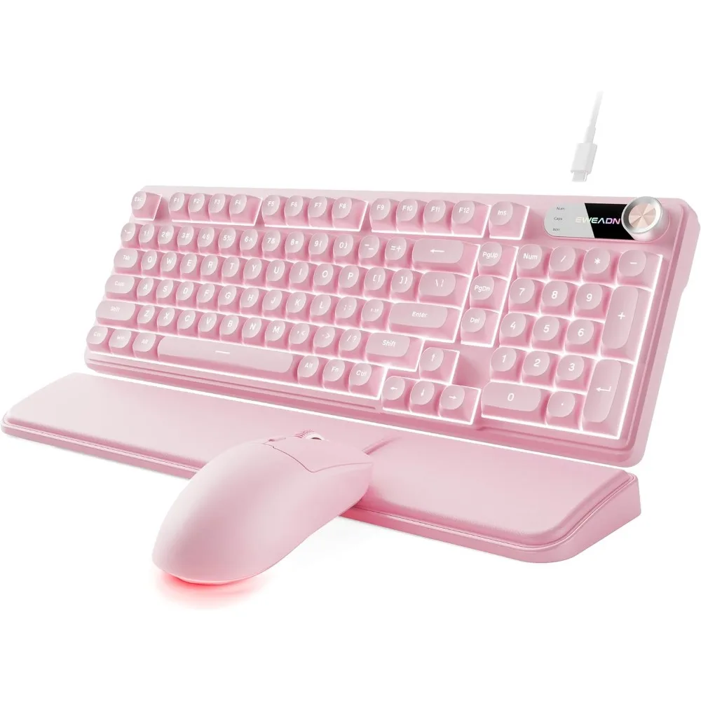 Quiet Ergonomic Wired Keyboard and Mouse with Multimedia Knob, RGB Backlit, Detachable Wrist Rest for Laptop and PC - Pink