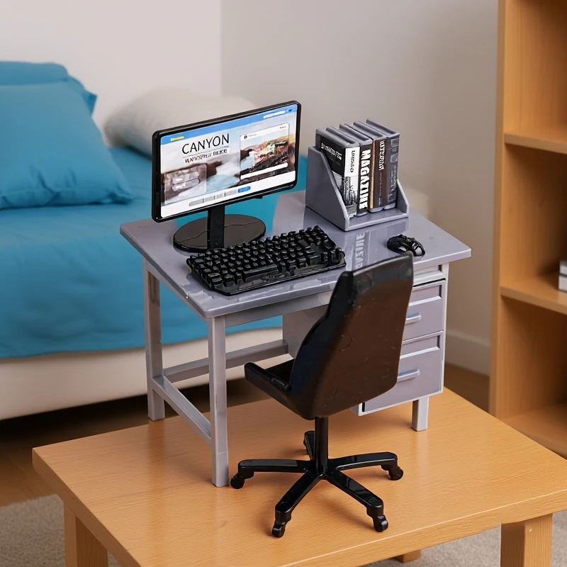 Furniture Decor Kit for Dollhouse, 1 Set 1/12 Miniature Computer Keyboard Desk Chair in Home Study Room