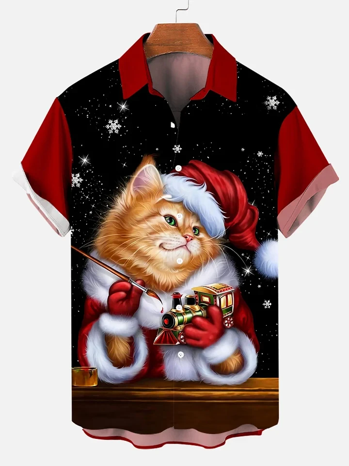 Christmas men's short sleeve lapel shirt 3d printed kitten with Christmas hat print casual comfortable shirt as a New Year gift