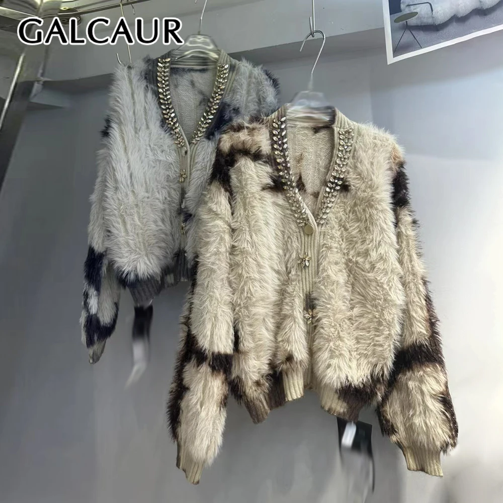 

GALCAUR Solid Spliced Diamonds Korean Sweater Female V Neck Long Sleeve Loose Casual Lazy Women's Sweaters Fashion Autumn New