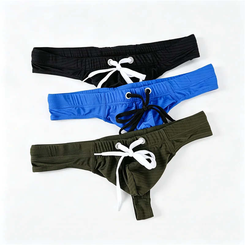 Men's Low Waist Swim Thong Bikini Quick Dry Ice Silk Breathable Drawstring Adult Male Swimwear for Swimming Surfing Drifting