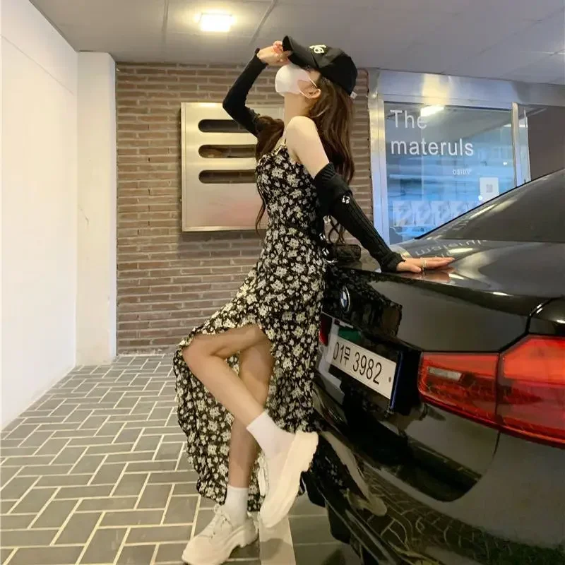 민소매 드레스 여성 꽃 사이드 슬릿 Sundress Bodycon 레트로 불규칙한 프레리 소녀의 달콤한 섹시한 레트로 하라주쿠 디자인 쿨