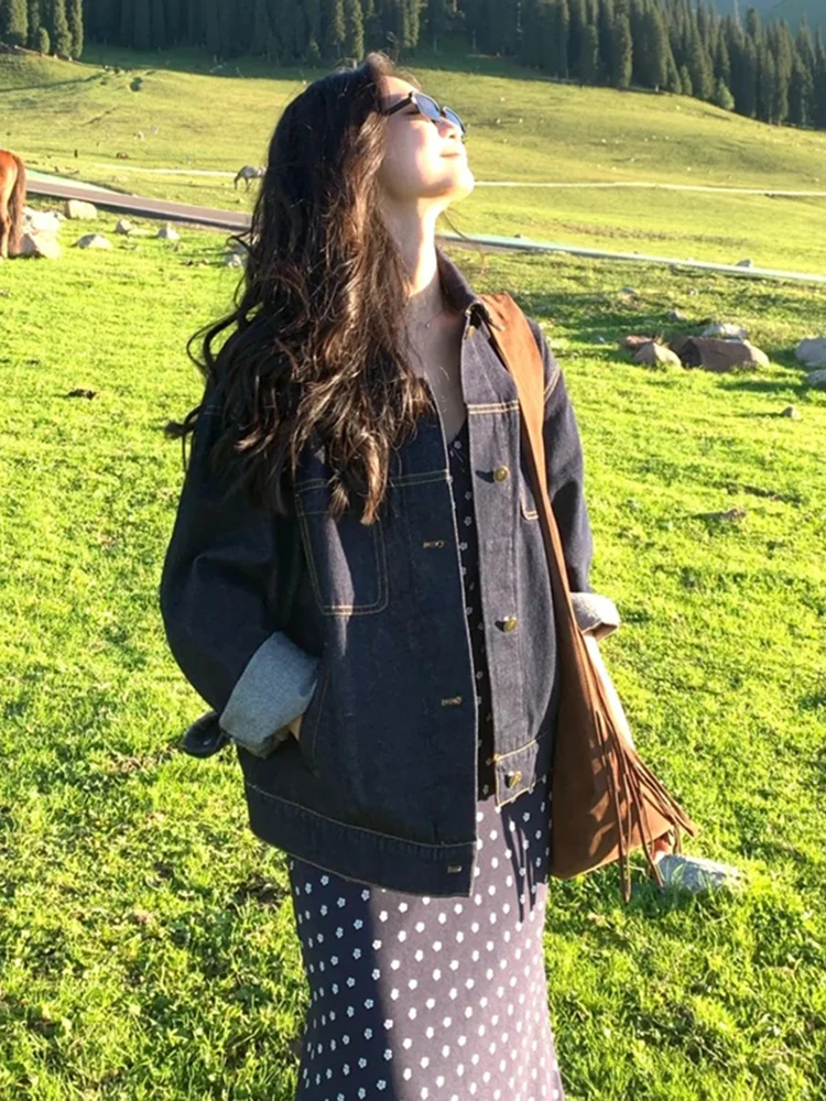 

Ретро-куртка из денима в гонконгском стиле, женская повседневная, с отложным воротником, осень 2026, новая, высокая модность, универсальная, для отдыха